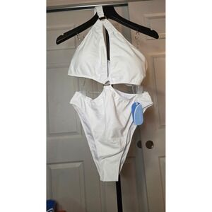 Hilinker White Cutout Monokini Swimsuit Halter Gold Ring Chain Detail XL NEW